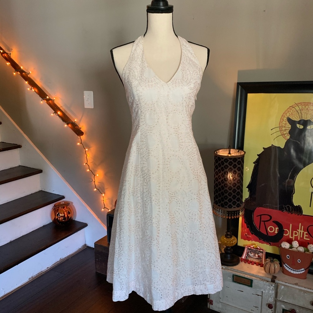 French Connection White Embroidered Halter Dress